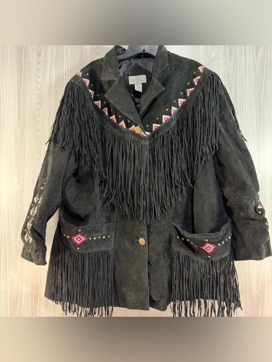Via Accenti Jackets & Blazers - Vintage Leather Black Suede Fringe Western Women’s 22 Plus Embroidered Coat Read
